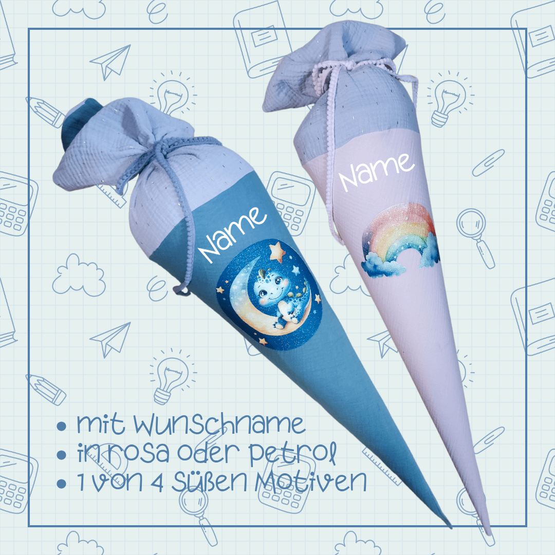 Erst Schultüte, dann Kuschelkissen! Musselin-Schultüte „Regenbogen“ mit Kissen & Papprohling - 75cm - in rosa oder petrol €97.95 Apparel & Accessories Meldivina Design 75 cm große nachhaltige Schultüte für Erstklässler,75 cm große Stoff-Schultüte mit Name